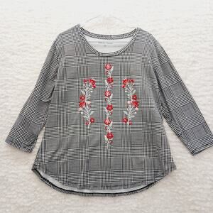 T-Shirt Women Houndstooth Textured Applique Floral Mob Wife Bold Retro Size XL